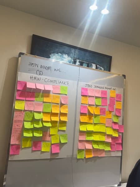 A workshop wall of sticky notes under How Might We and Jobs To Be Done headings
