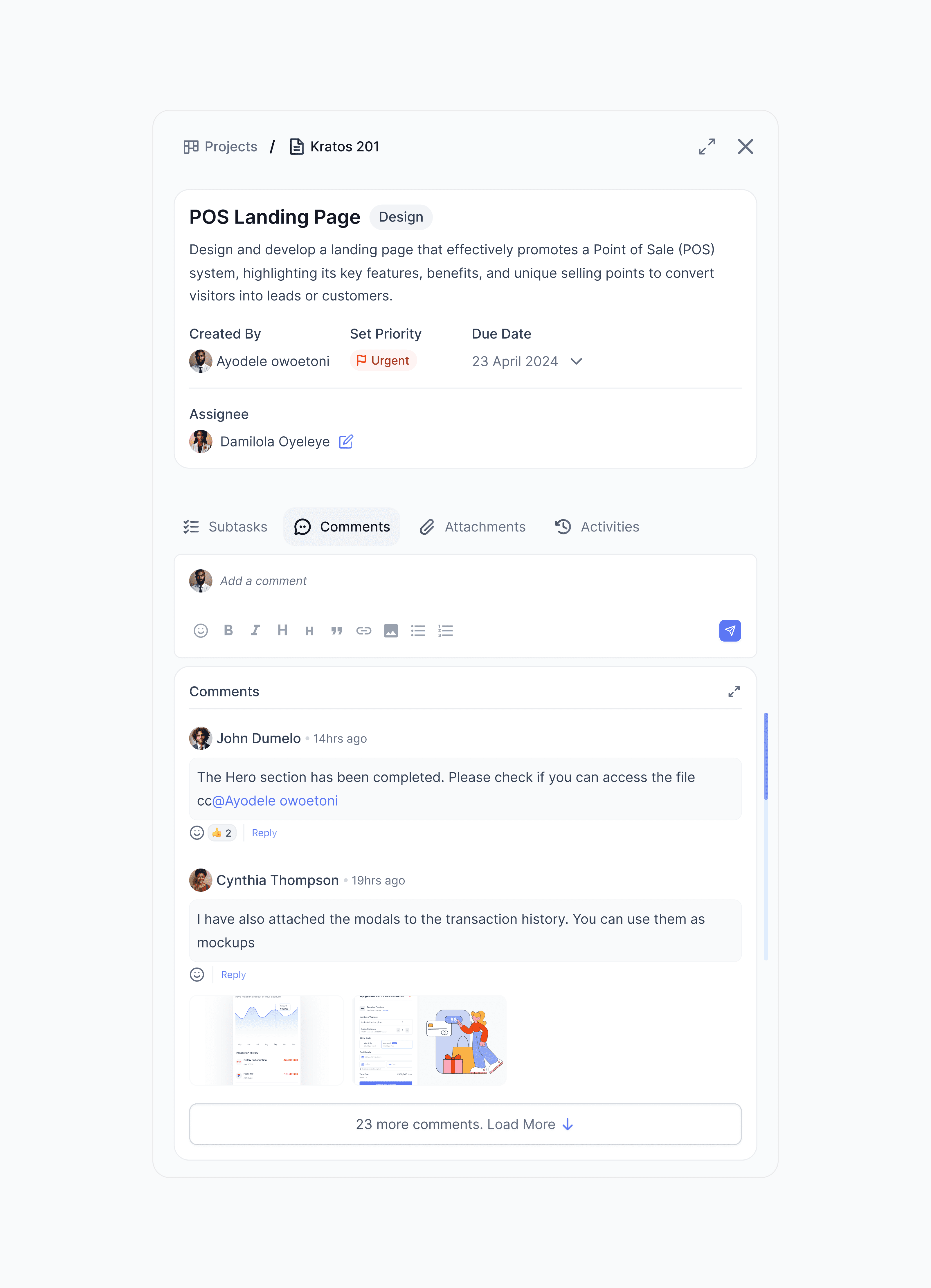 A task detail view with subtasks, comments and attachments