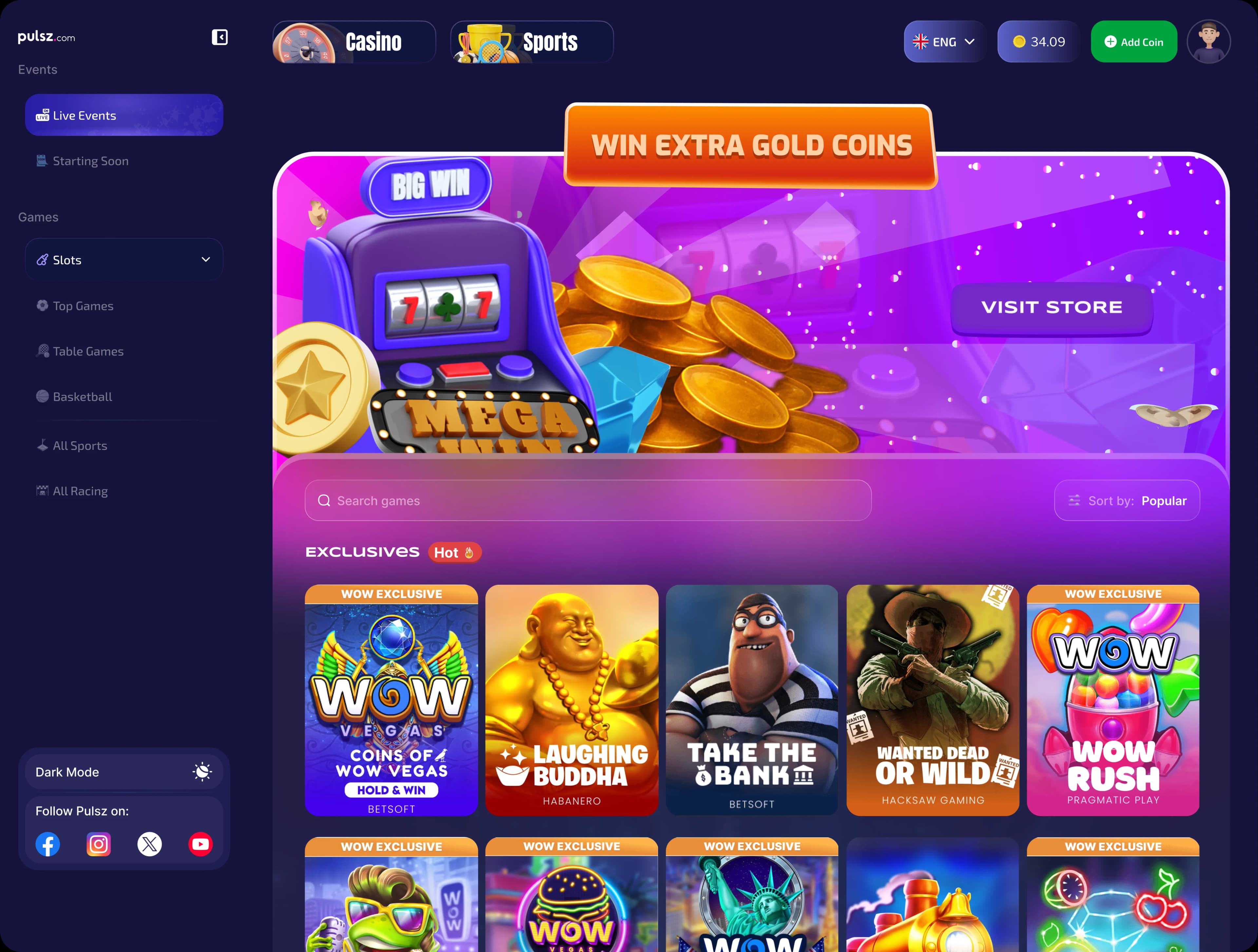 A redesign of the Pulsz game lobby