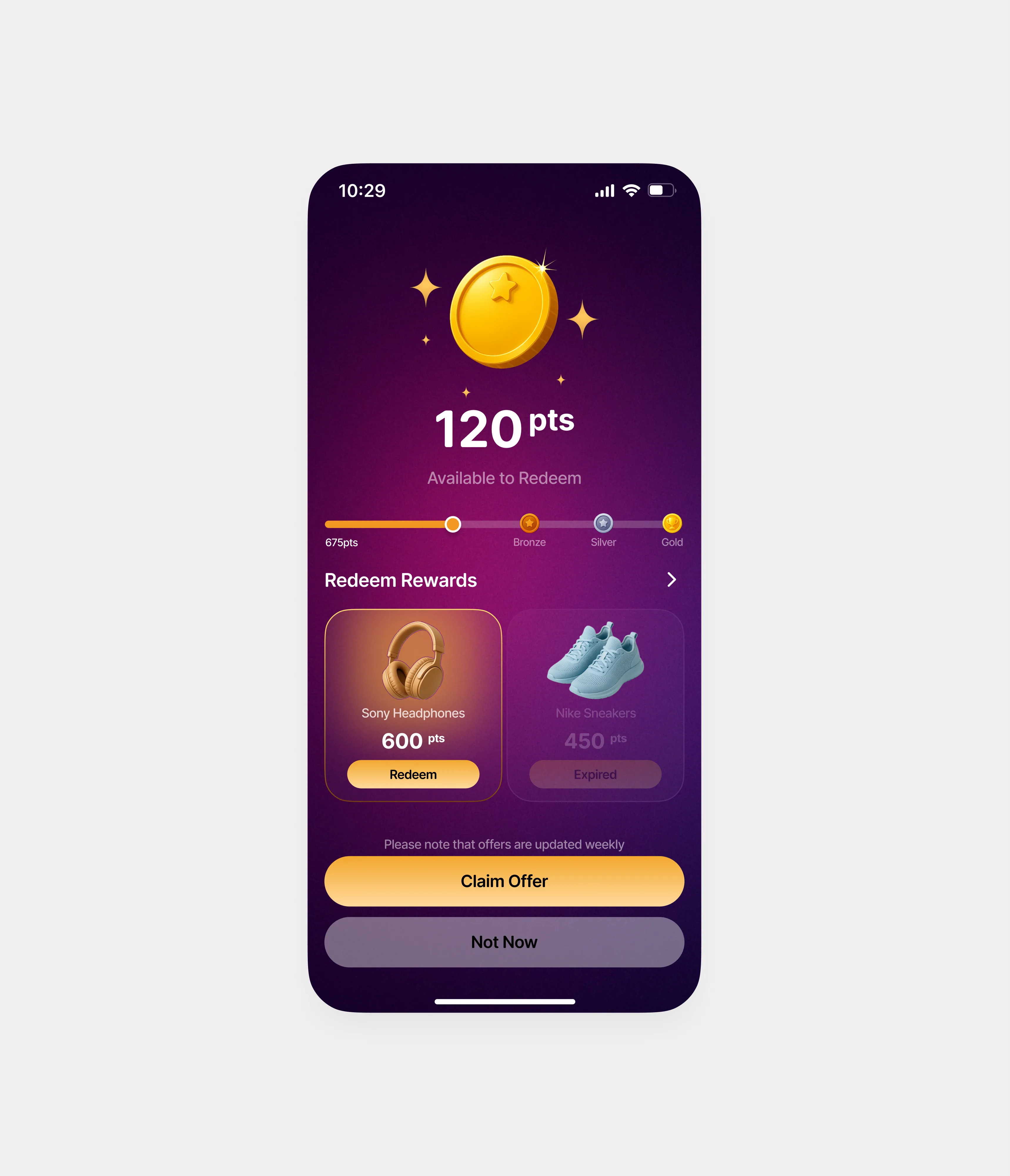 A rewards screen with points to redeem