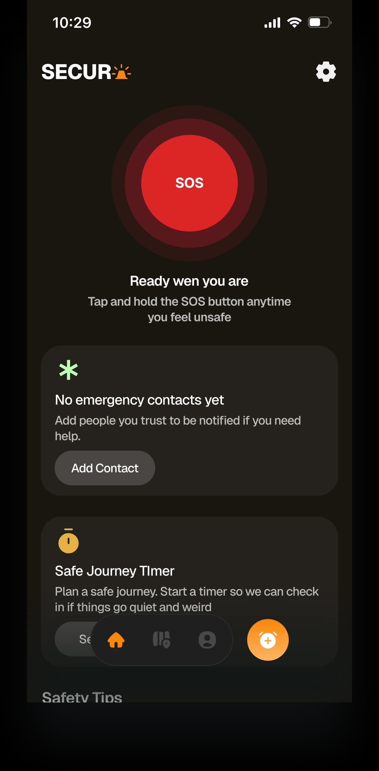 A personal safety app: a large SOS button to press and hold, with emergency contacts and a journey timer under it