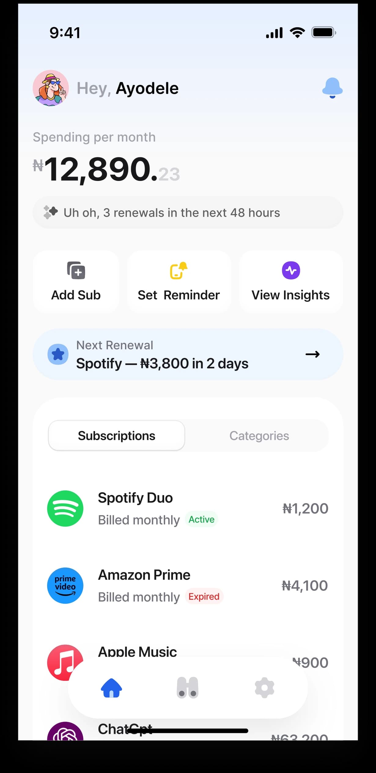 A subscription tracker: what the month costs, what renews next, and every service billed, each with its status