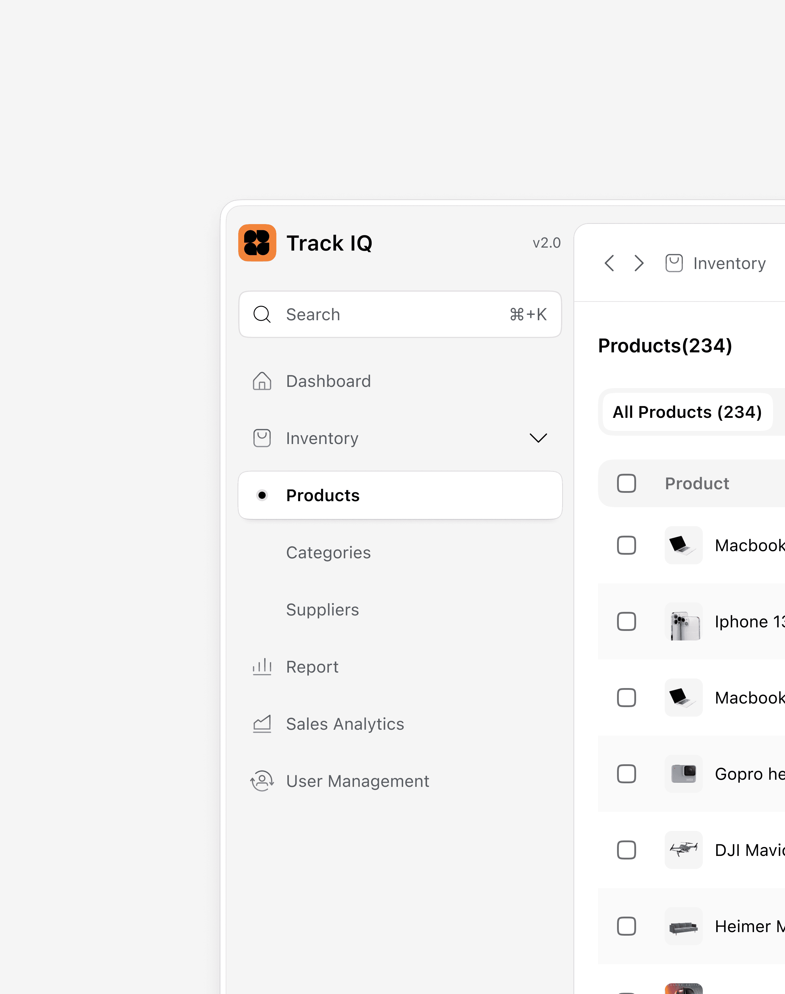 TrackIQ: an inventory sidebar beside its product list