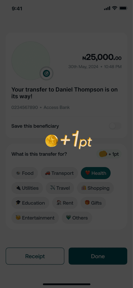 A completed transfer being tagged by category, earning a point