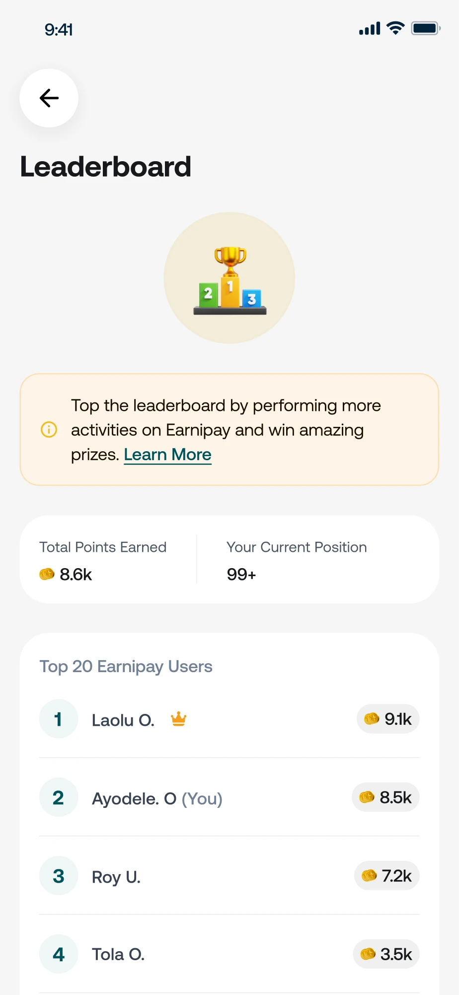 The Earnipay leaderboard screen, ranking customers by points earned