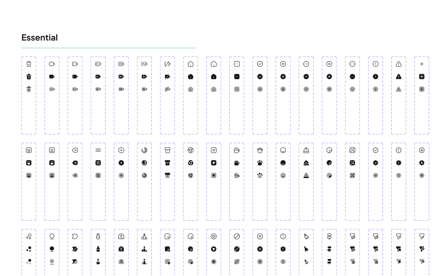 The Essential icon set, each icon drawn three times: an outline, a filled version and a muted one