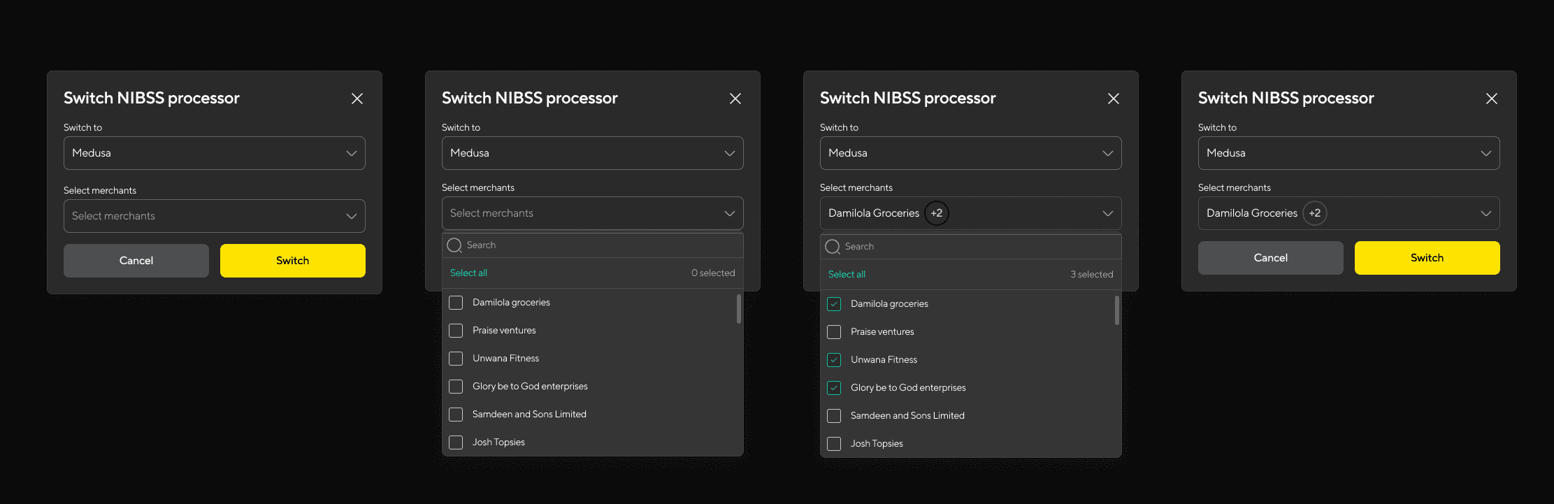 The same dialog and the same four steps in dark mode, built from the same components