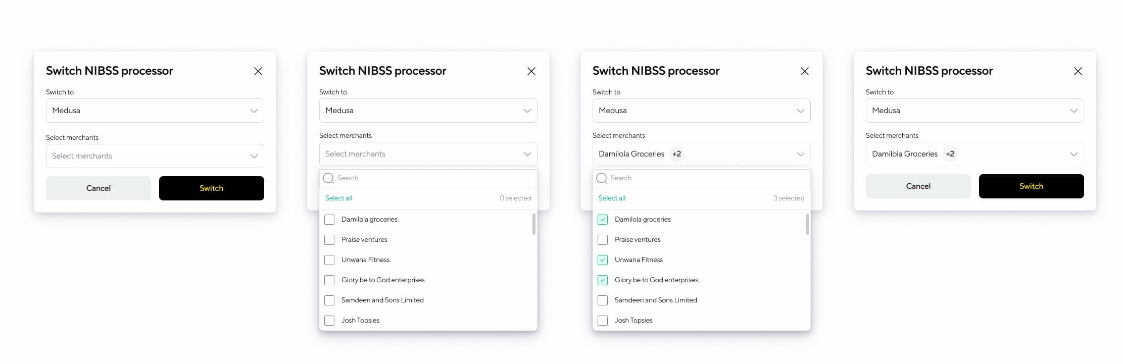 The Switch NIBSS processor dialog across four steps: empty, the merchant list open, three merchants selected, and the filled state ready to switch