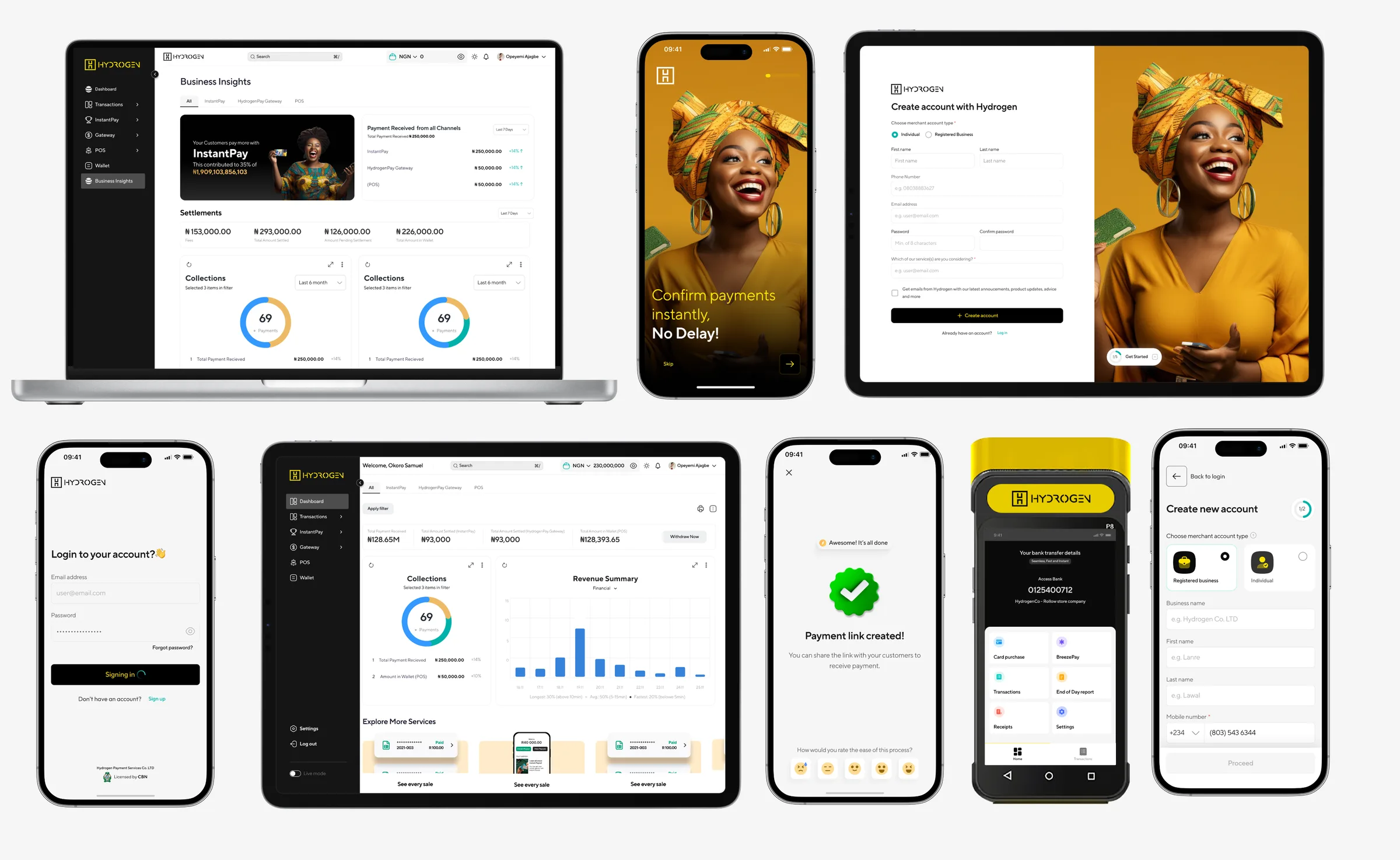 The Hydrogen products in device frames: the merchant portal on a laptop, sign-up and log-in on phones