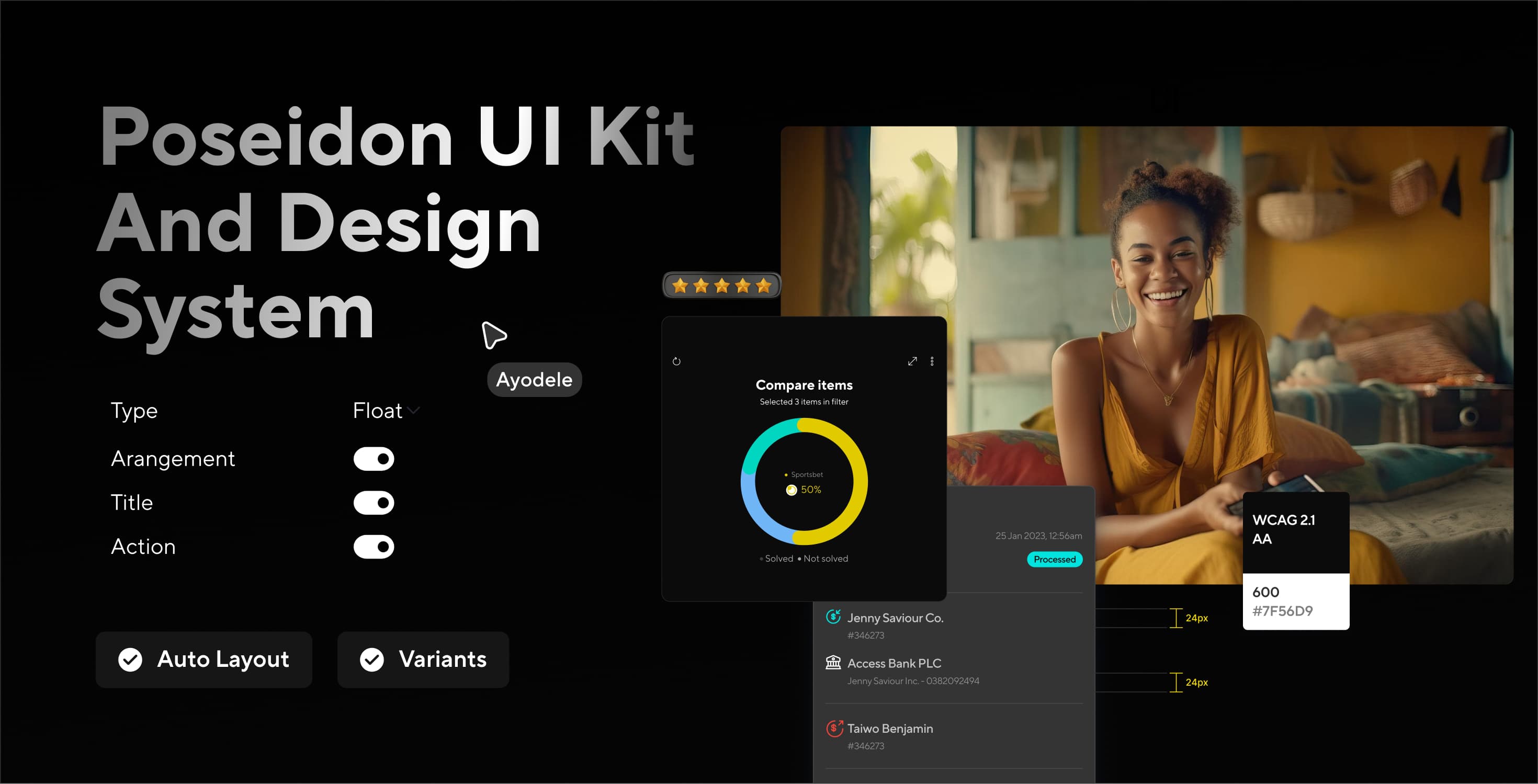 The Poseidon UI kit cover: a type specimen, component variant toggles, and product screens on a black ground